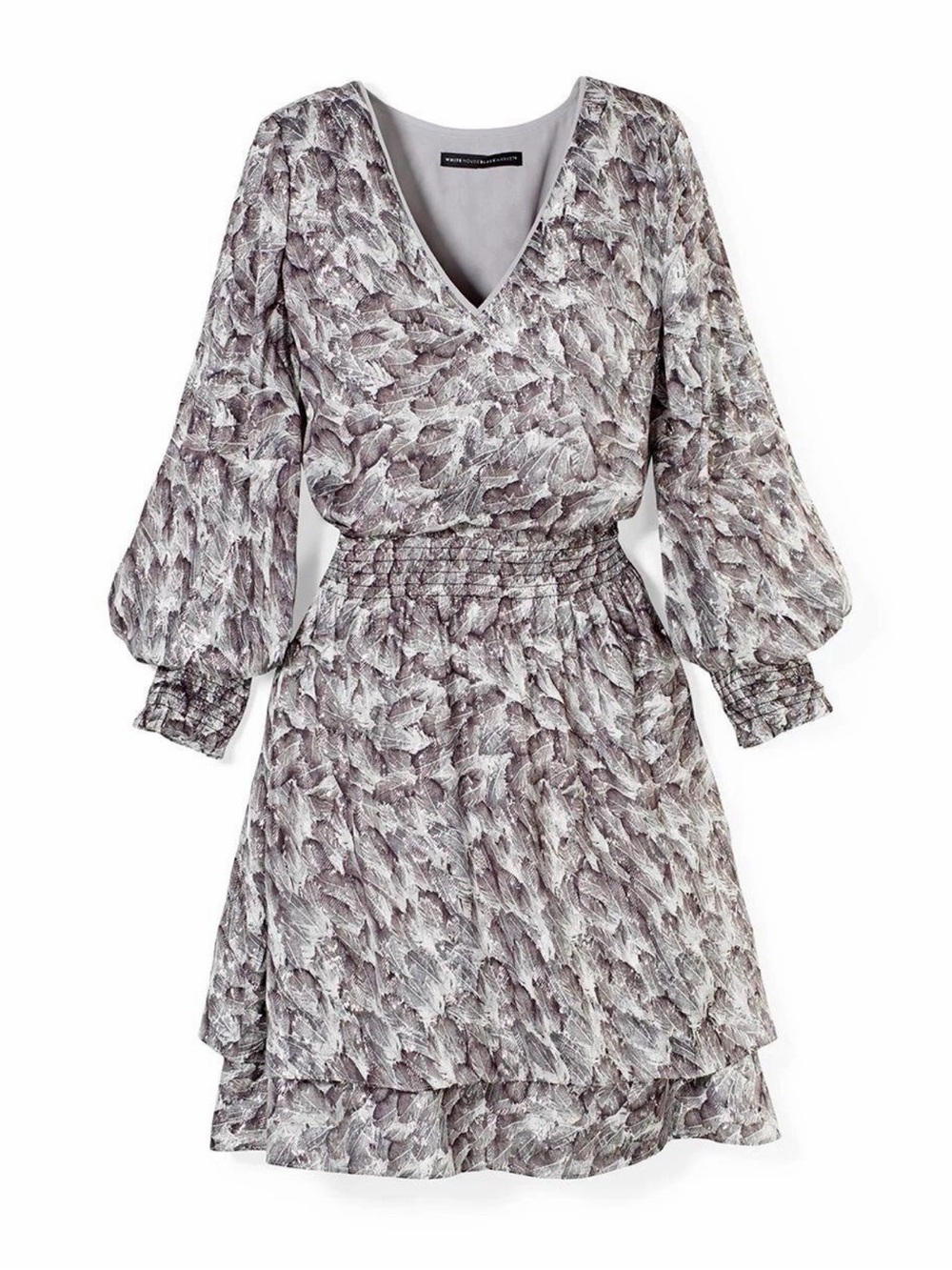 V-Neck Long Sleeve Printed Tiered Dress in Light Gray